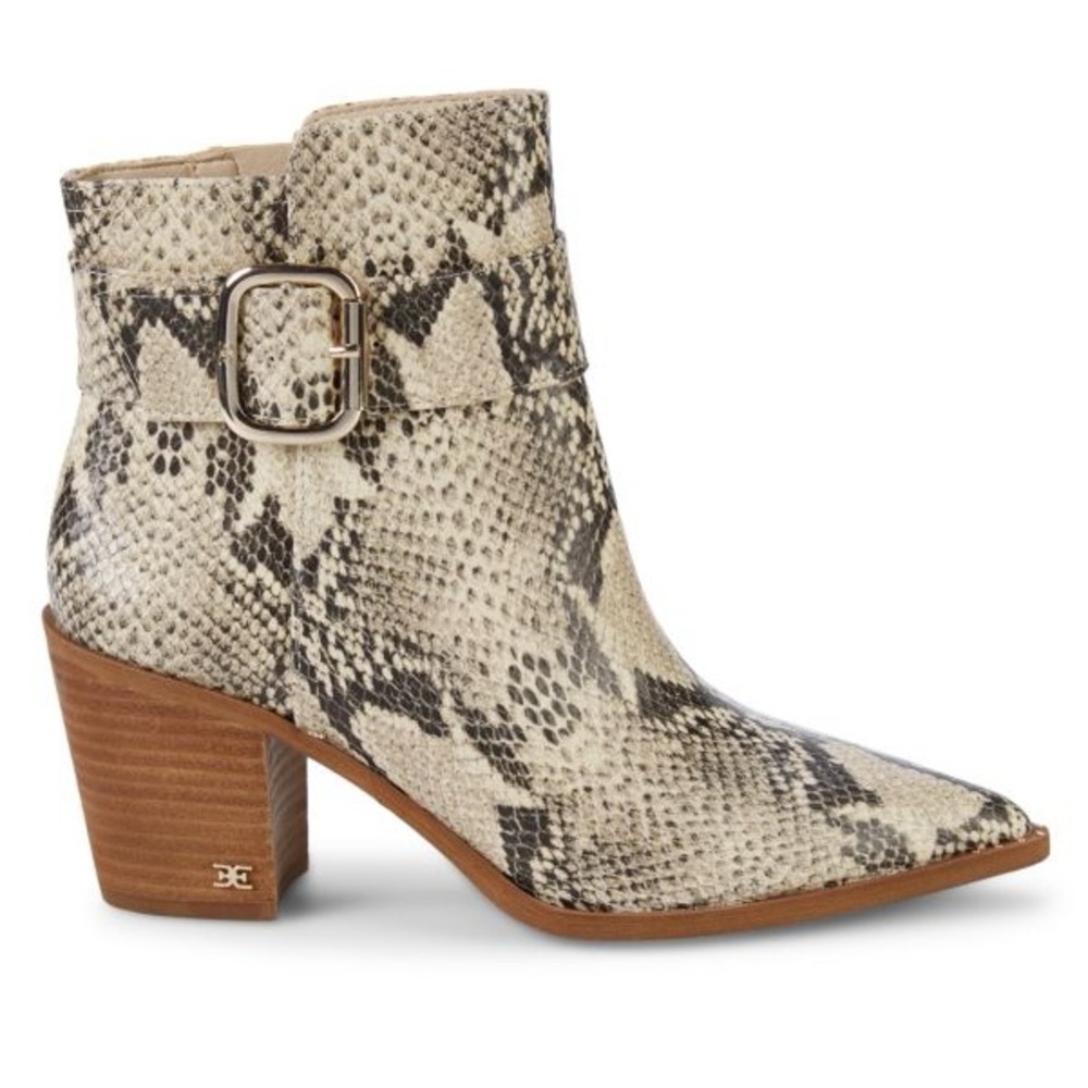 SAM EDELMAN Leonia Snakeskin Embossed Leather Booties Beige & Grey Pointed Toe 5 - Picture 2 of 11
